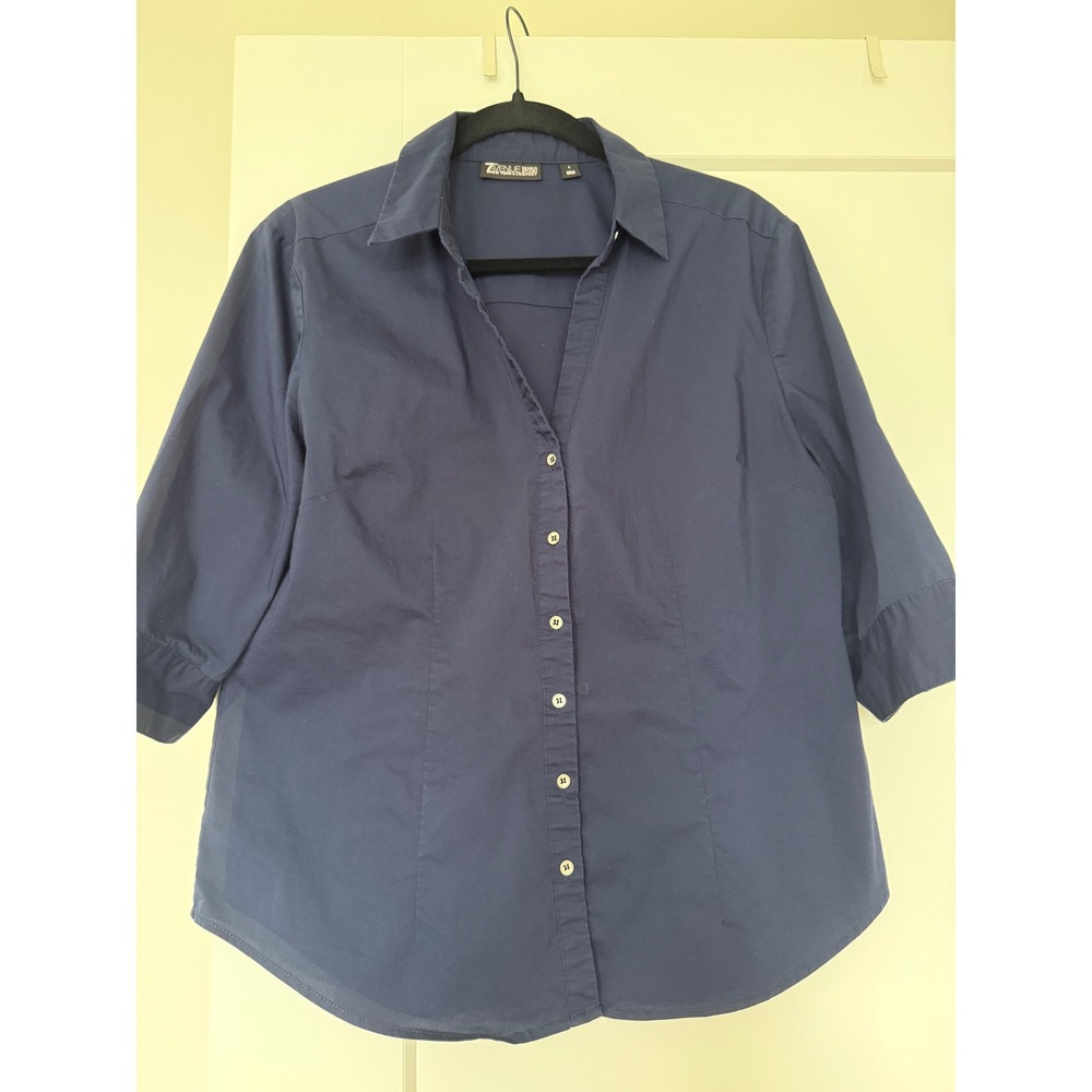 New York & Company 7th Avenue Navy Blue 3/4 Sleeve Button Down Shirt Large